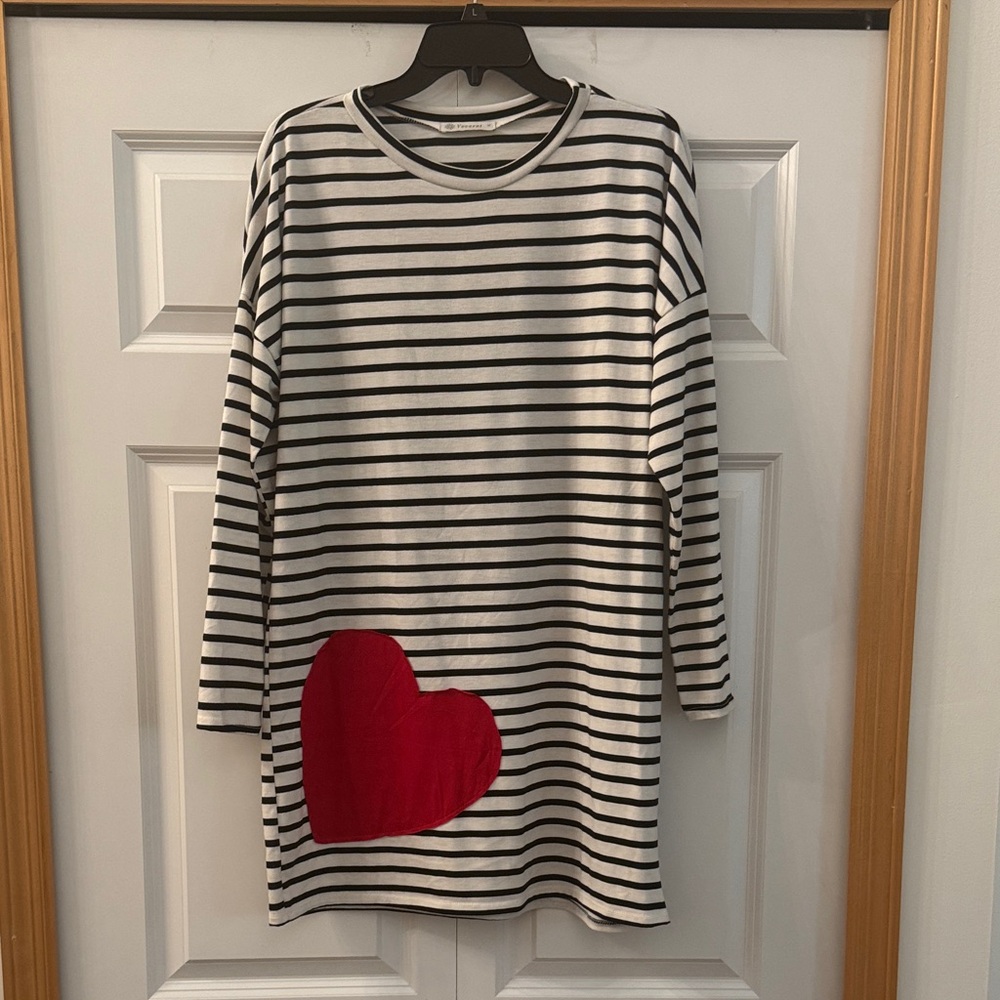 Striped Long Sleeve Dress with Red Heart